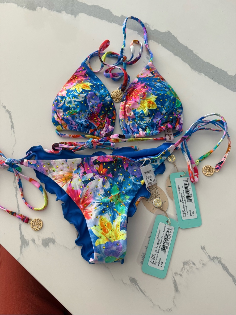 Luli Fama Blue Floral Trim Triangle Bikini Set
